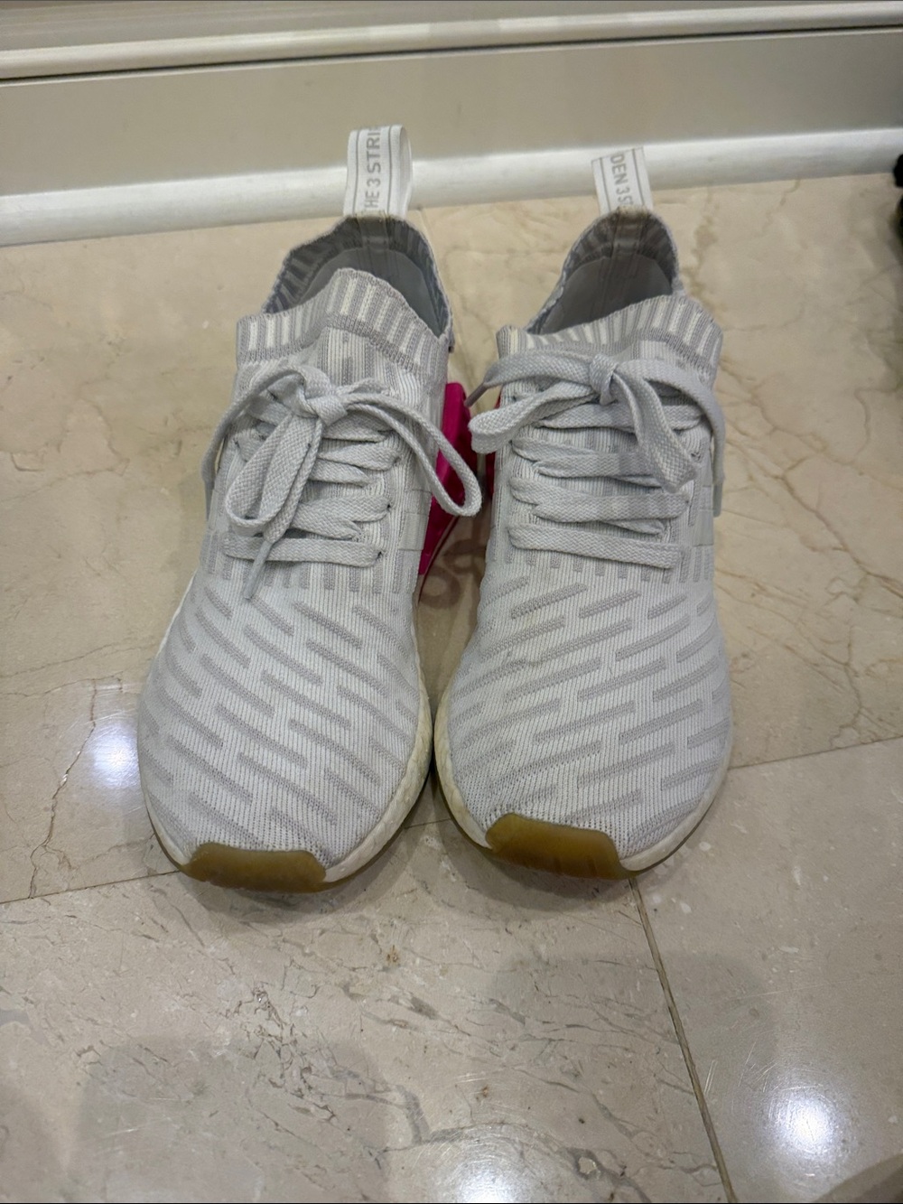 adidas Women's NMD Light Gray Knit Lace-Up Sneakers with Gum Toe Cap